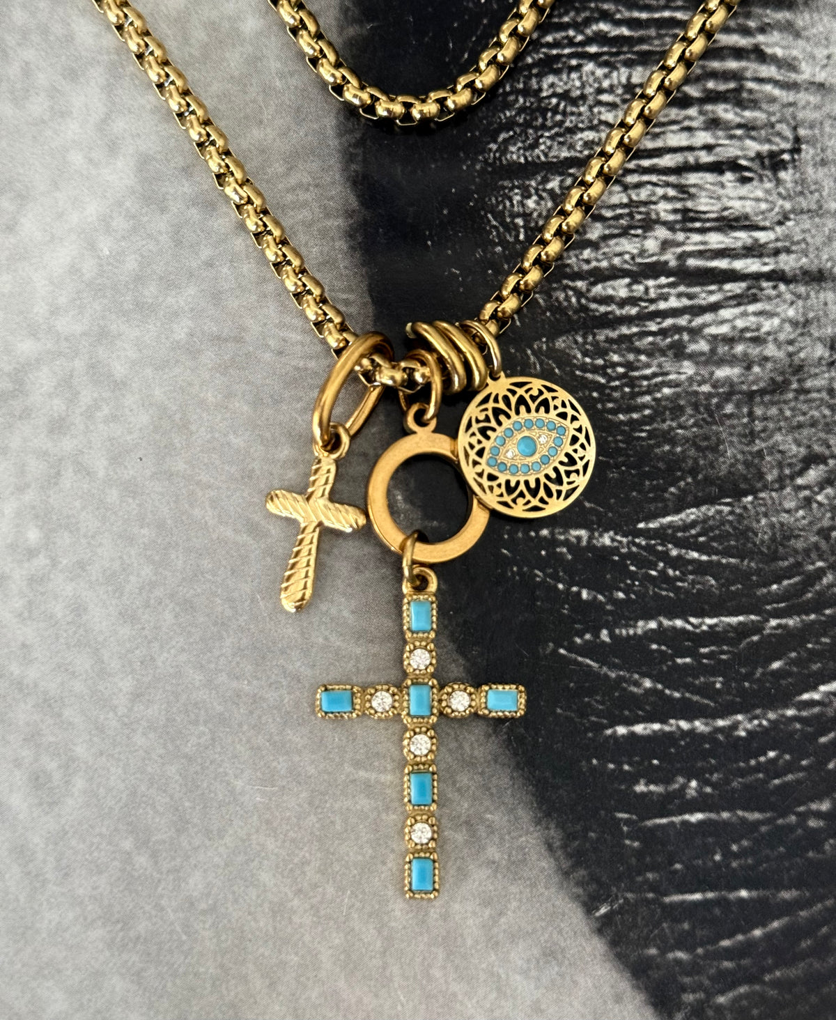 TURQUOISE CROSS CHARMS NECKLACE